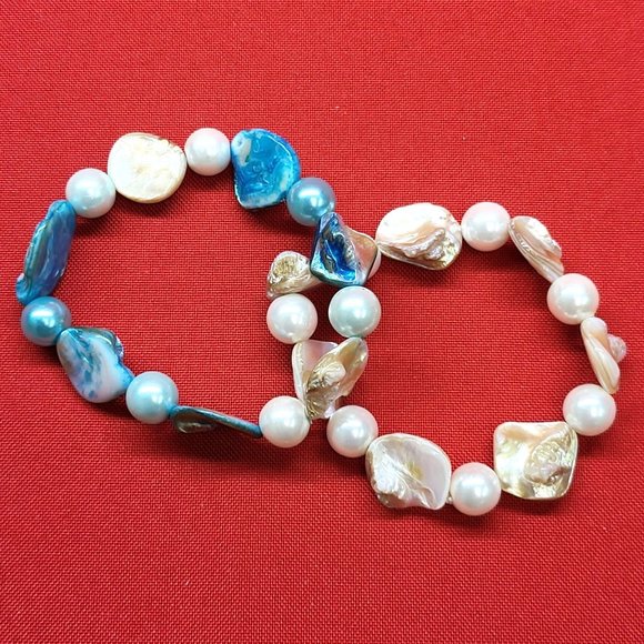 Brown White & Blue Shell Bead Stretch Bracelet Set of 2 - Picture 8 of 11